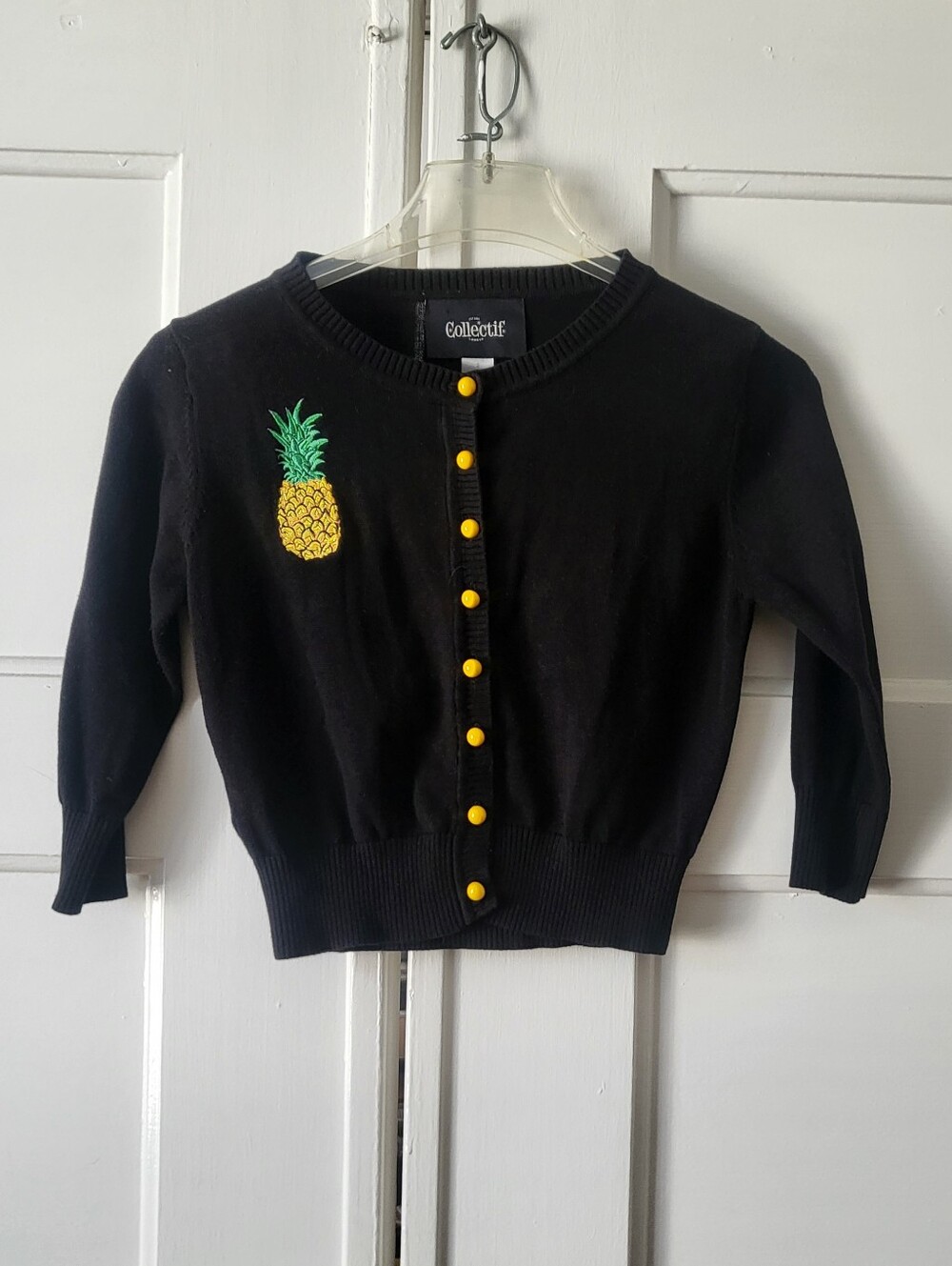 Collectif Black Yellow Cotton Cardigan With Pineapple Embroidery UK 10 US 6 S